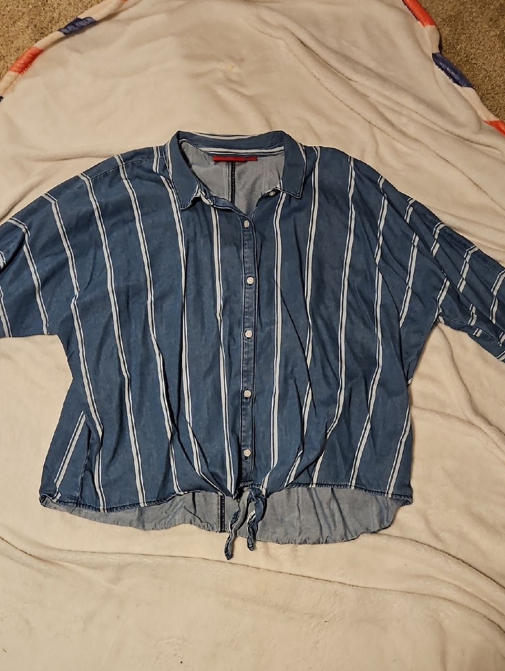 Jennifer Lopez Blue and White Striped Button-Down Tie-Front Shirt